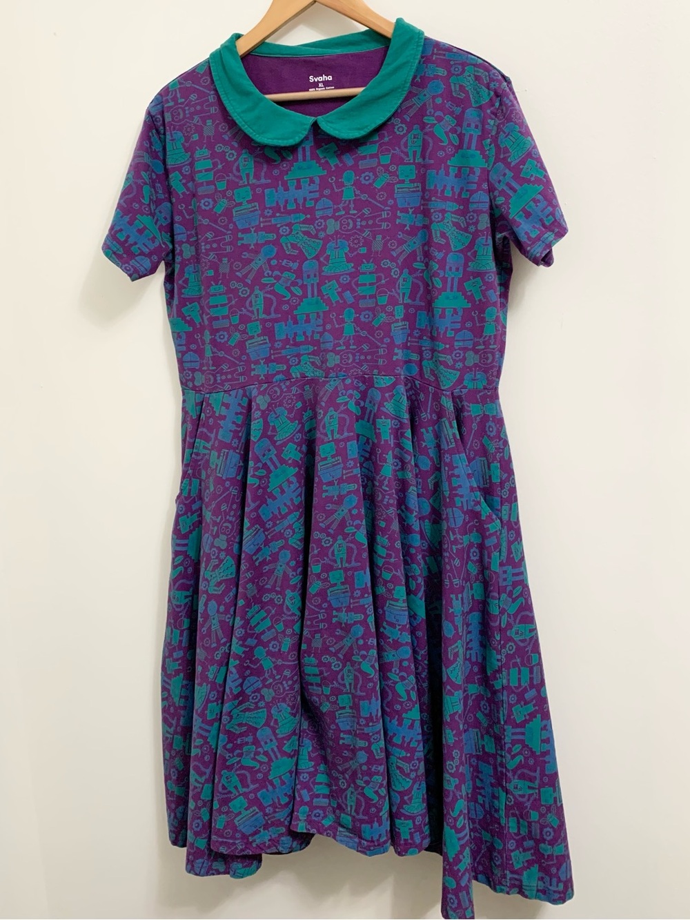 Svaha Robot Organic Cotton Midi Dress short sleeve 2 Pockets Womens XL